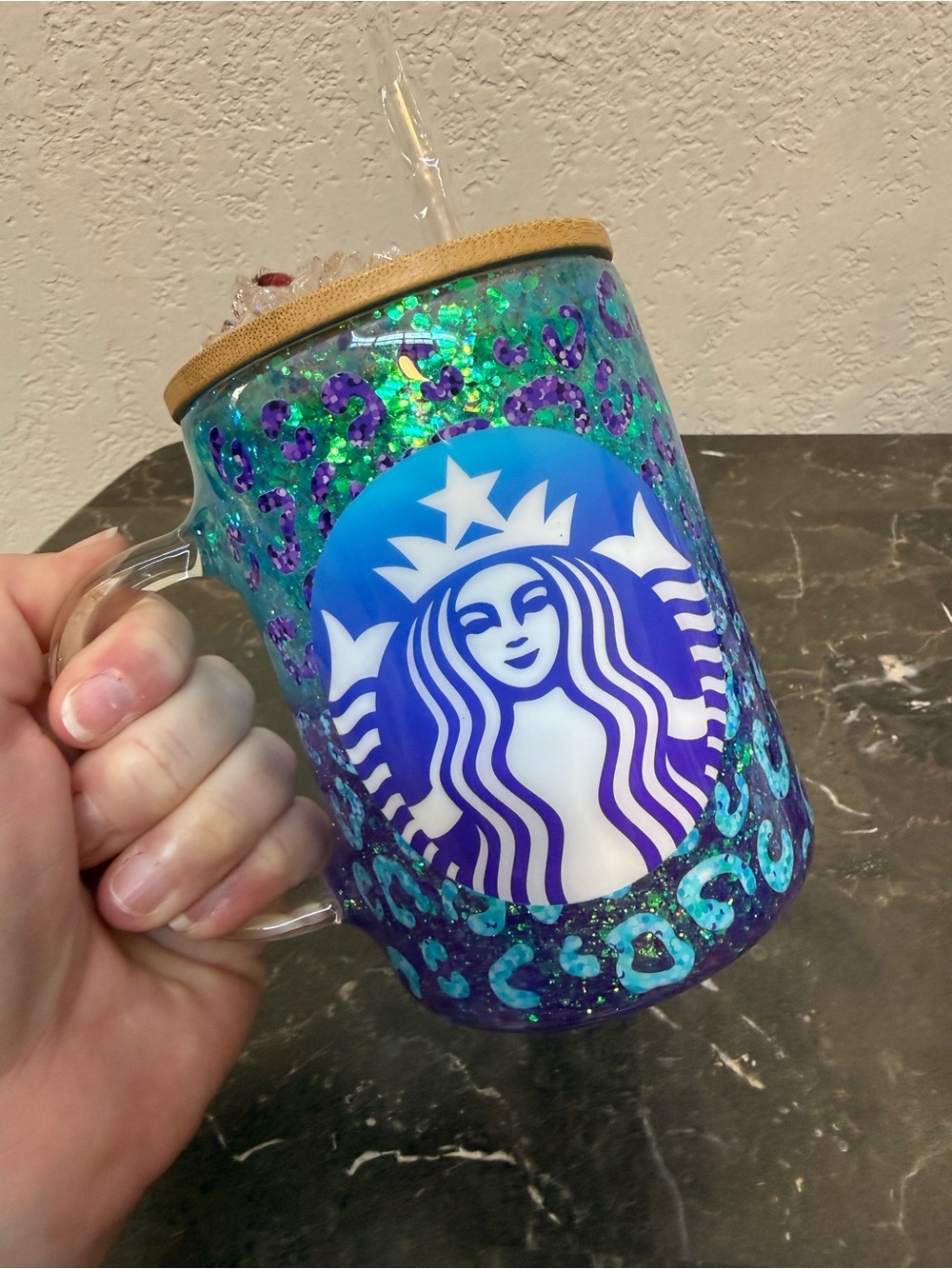 Aqua Mermaid Starbucks Glitter Large Glass Coffee Mug with Lid Handmade